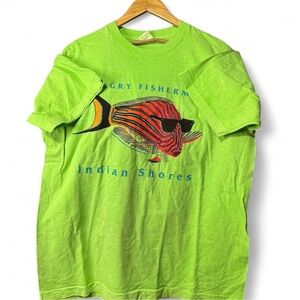 Vintage 90s Angry Fisherman Indian Shores Fruit Loom XL Tshirt Neon Green USA